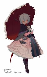 Rule 34 | 1girl, alternate costume, blue hair, boots, cloak, cross-laced footwear, dress, flower, full body, gloves, lace-up boots, layered dress, long sleeves, looking to the side, no headwear, no headwear, parasol, petticoat, red eyes, red legwear, rei (sanbonzakura), remilia scarlet, short hair, simple background, solo, text focus, touhou, umbrella, white background