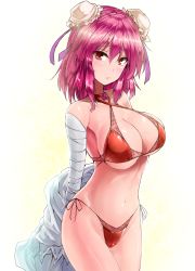 Rule 34 | 1girl, bandaged arm, bandages, bare shoulders, bikini, breasts, commentary request, cowboy shot, criss-cross halter, double bun, gradient background, hair bun, halterneck, highres, horns, ibaraki kasen, large breasts, looking at viewer, medium hair, navel, oni horns, pink eyes, pink hair, red bikini, side-tie bikini bottom, solo, standing, swimsuit, thighs, touhou, white background, y2, yellow background