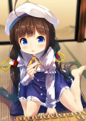 Rule 34 | 10s, 1girl, :d, ahoge, bad id, bad pixiv id, barefoot, beret, between legs, blue dress, blue eyes, blurry, blurry background, blush, board game, brown hair, chinomaron, commentary request, cushion, depth of field, dress, hair ribbon, hand between legs, hat, highres, hinatsuru ai, holding, layered sleeves, leaning to the side, long hair, long sleeves, looking at viewer, low twintails, open mouth, puffy short sleeves, puffy sleeves, ribbon, ryuuou no oshigoto!, school uniform, shogi, short over long sleeves, short sleeves, sitting, smile, solo, tatami, twintails, very long hair, wariza, white hat, yellow ribbon, zabuton
