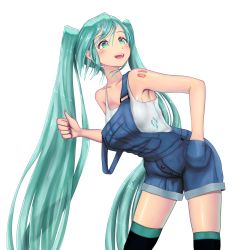 Rule 34 | 1girl, absurdres, alternate costume, aqua eyes, aqua hair, blush, breasts, cowboy shot, denim, hand in pocket, hatsune miku, highres, koba (furikake-p), long hair, off shoulder, open mouth, overalls, shirt, simple background, smile, solo, strap slip, tank top, thighhighs, thumbs up, twintails, very long hair, vocaloid, white background, white shirt
