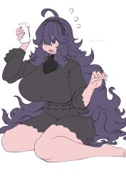 Rule 34 | 1girl, @ @, absurdres, ahoge, artist name, barefoot, black dress, bottle, breasts, creatures (company), dress, feet, flat color, game freak, hair between eyes, hairband, hex maniac (pokemon), highres, huge breasts, lemonbizate, long hair, matching hair/eyes, messy hair, milk bottle, nintendo, open mouth, pokemon, pokemon xy, purple eyes, purple hair, simple background, sitting, solo, toes, unfinished, wariza, wavy mouth, white background