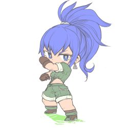Rule 34 | 1girl, blue eyes, blue hair, boots, chibi, earrings, gloves, green jacket, green shorts, jacket, jewelry, kunimitsudx, leona heidern, midriff, military, military uniform, ponytail, shorts, simple background, solo, suspenders, the king of fighters, the king of fighters xv, triangle earrings, uniform, white background