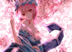 Rule 34 | 1girl, antiqua c, bare shoulders, blue dress, breasts, bug, butterfly, cherry blossoms, cleavage, dress, female focus, hat, bug, off shoulder, pink eyes, pink hair, pink theme, ribbon, saigyouji yuyuko, solo, touhou, triangular headpiece, upper body