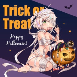 Rule 34 | 1girl, bandage over one eye, bandaged arm, bandaged head, bandaged leg, bandages, barefoot, bat (animal), candy, cursive, english text, flat chest, food, food in mouth, green eyes, halloween, halloween bucket, halloween costume, happy halloween, highres, jack-o&#039;-lantern, kneeling, lollipop, looking at viewer, mummy costume, navel, official art, sarashi, solo, star (symbol), text background, trick or treat, two side up, w, white hair, xiaoru (you can eat the girl), you can eat the girl