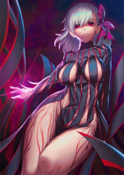 Rule 34 | 1girl, bare legs, breasts, commentary request, evil grin, evil smile, fate/stay night, fate (series), feet out of frame, from below, glowing, grin, hair ornament, hair ribbon, heaven&#039;s feel, large breasts, looking at viewer, magic, matou sakura, medium hair, pink eyes, pink ribbon, revealing clothes, ribbon, rotix, shaded face, smile, solo, striped, white hair
