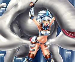Rule 34 | 1girl, armpits, arms up, bdsm, bent over, bestiality, blush, bondage, bound, capcom, chain, gauntlets, horns, image sample, interspecies, khezu, kirin (armor), long hair, midriff, monster, monster hunter (series), navel, no panties, open mouth, pixiv sample, rape, sex, single horn, stomach bulge, strapless, suramo, tears, thighhighs, tongue, tongue out, tube top, vaginal, white hair, yellow eyes