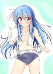 Rule 34 | 1girl, absurdres, blue hair, blush, censored, clothes pull, collarbone, convenient censoring, highres, hinanawi tenshi, kuzumomo, long hair, looking at viewer, one-piece swimsuit, one-piece swimsuit pull, red eyes, school swimsuit, solo, swimsuit, topless, touhou, towel, very long hair