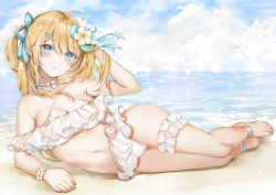 Rule 34 | 1girl, ahoge, anklet, barefoot, beach, bead anklet, bikini, blonde hair, blue eyes, bow, breasts, choker, cleavage, flower, flower bracelet, frilled bikini, frills, green bow, hair bow, hair flower, hair ornament, hair ribbon, hairclip, highres, jewelry, large breasts, long hair, long toenails, looking at viewer, lying, mole, mole on breast, nail polish, navel, ocean, on side, original, outdoors, parted lips, revision, ribbon, sand, solo, swimsuit, thigh strap, thighs, toenail polish, toenails, toes, water, white bikini, yukineko1018