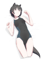 Rule 34 | 1girl, absurdres, amagami, animal ears, bkhayatej, black eyes, black hair, black one-piece swimsuit, bob cut, breasts, cameltoe, cleft of venus, competition swimsuit, cropped legs, fox ears, fox tail, highres, looking at viewer, lying, nanasaki ai, one-piece swimsuit, short hair, simple background, small breasts, solo, swimsuit, tail, two-tone swimsuit, white background