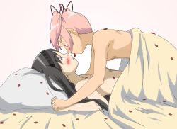 Rule 34 | 10s, 2girls, akemi homura, bare shoulders, bed, bed sheet, black hair, blanket, blush, censored, convenient censoring, couple, eye contact, female focus, girl on top, hairband, highres, holding hands, imminent kiss, kaname madoka, long hair, looking at another, lying, mahou shoujo madoka magica, mahou shoujo madoka magica (anime), matatabeat, mouth hold, multiple girls, naked sheet, nude, on back, petals, pillow, pink hair, profile, short hair, twintails, yuri