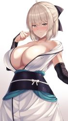 Rule 34 | 1girl, ahoge, amagi korona, bare shoulders, blonde hair, blush, breasts, cleavage, closed mouth, collarbone, commentary, curled fingers, detached sleeves, fate/grand order, fate (series), grey eyes, hair ornament, highres, large breasts, looking at viewer, off shoulder, okita souji (fate), okita souji (koha-ace), short hair, simple background, solo, split mouth, white background