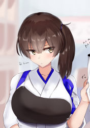 Rule 34 | 1girl, blue ribbon, blurry, blurry background, blush, breasts, brown hair, closed mouth, clothes grab, depth of field, flying sweatdrops, hair tie, highres, japanese clothes, kaga (kancolle), kantai collection, kimono, large breasts, long hair, muneate, ninoude (ninoude44), out of frame, ribbon, side ponytail, sleeve grab, solo focus, tasuki, translation request, tsurime, upper body, white kimono, yellow eyes