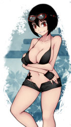 Rule 34 | 1girl, absurdres, aoshima, arms under breasts, bare arms, bare shoulders, bikini, bikini top only, black bikini, black gloves, black hair, black shorts, collarbone, commentary request, eyewear on head, feet out of frame, fingerless gloves, glasses, gloves, grin, hair between eyes, halterneck, highres, looking at viewer, navel, no panties, open fly, pink lips, red eyes, shameimaru aya, short hair, short shorts, shorts, smile, solo, standing, stomach, stomach tattoo, swimsuit, tattoo, thighs, touhou