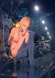 Rule 34 | 2girls, 6+boys, absurdres, ass, asuna (blue archive), bare arms, bare legs, bare shoulders, barefoot, bikini, blue archive, blue eyes, blue halo, breasts, cleavage, commentary, fireworks, grin, halo, highres, holding, holding fireworks, jhigf, large breasts, light brown hair, long hair, looking at viewer, multiple boys, multiple girls, night, orange bikini, outdoors, sitting, smile, swimsuit