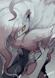 Rule 34 | closed mouth, commentary request, creatures (company), game freak, grey background, hisuian zoroark, legs apart, looking down, natsumekan, nintendo, pokemon, pokemon (creature), red fur, solo, twitter username, white fur, yellow eyes
