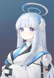 Rule 34 | 1girl, absurdres, blue archive, blue necktie, blunt bangs, breasts, collared shirt, from side, gradient background, grey background, grey hair, halo, headgear, highres, jacket, large breasts, light blush, long hair, long sleeves, looking at viewer, looking to the side, necktie, noa (blue archive), off shoulder, parted lips, purple eyes, rucha (dokkanhanabi), shirt, sideways glance, sleeves past wrists, solo, straight hair, sweatdrop, teeth, upper body, white jacket, white shirt, wide sleeves