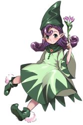 Rule 34 | 1girl, absurdres, blush, boots, cape, chrono cross, closed mouth, dress, flipped hair, flower, full body, green cape, green dress, green eyes, green footwear, green hat, harigane shinshi, hat, highres, holding, holding flower, long hair, long sleeves, looking at viewer, pink flower, pointy ears, pointy footwear, purple hair, razzly, shoes, simple background, smile, solo, white background, white flower, wide sleeves