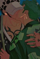 Rule 34 | 2boys, black hair, blue background, chest tattoo, chonmage, collarbone, covered eyes, earrings, fulenimenle, green hair, hat, highres, hug, japanese clothes, jewelry, kimono, kiss, long sideburns, male focus, multiple boys, muscular, muscular male, official alternate costume, one piece, roronoa zoro, short hair, sideburns, tattoo, trafalgar law, yaoi