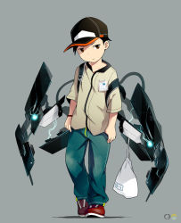 Rule 34 | 1boy, baseball cap, black hair, brown eyes, full body, grey background, hat, looking at viewer, male focus, noeyebrow (mauve), original, resolution mismatch, science fiction, short hair, simple background, solo, source larger, treize (mauve), walking