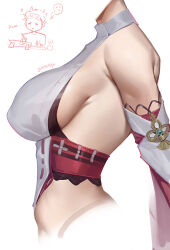 Rule 34 | 1girl, artist name, bare shoulders, breasts, chibi, chibi inset, cropped legs, detached sleeves, disembodied torso, from side, genshin impact, head out of frame, highres, large breasts, maoxfhan, shirt, sideboob, sideless kimono, sleeveless, sleeveless shirt, turtleneck, upper body, white background, yae miko
