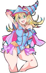 Rule 34 | 1girl, :d, arm up, bare shoulders, blonde hair, blue hat, blue leotard, blush stickers, breasts, cropped legs, dark magician girl, duel monster, enpe, gem, green eyes, hair between eyes, hat, highres, jewelry, large breasts, leotard, neck ring, open mouth, pentacle, round teeth, simple background, smile, solo, teeth, thighs, white background, wizard hat, yu-gi-oh!
