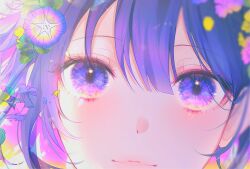 Rule 34 | 1girl, 58 (opal 00 58), blush, closed mouth, colored inner hair, commentary, english commentary, flower, hair between eyes, highres, looking at viewer, multicolored hair, original, pink hair, portrait, purple eyes, purple flower, purple hair, short hair, solo