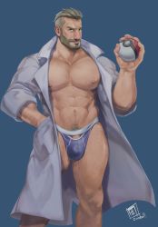 Rule 34 | 1boy, abs, artist name, bara, bare pectorals, beard, benoit, briefs, bulge, chest hair, closed mouth, coat, creatures (company), crotch cutout, facial hair, game freak, hand in pocket, highres, holding, holding poke ball, lab coat, large pectorals, leg hair, male focus, male pubic hair, male underwear, muscular, muscular male, navel, nintendo, nipples, open clothes, open coat, pectorals, poke ball, pokemon, pokemon sv, pubic hair, purple male underwear, short hair, solo, thighs, turo (pokemon), underwear, underwear cutout