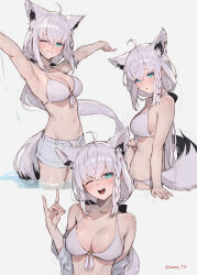 Rule 34 | 1girl, :o, ;d, absurdres, ahoge, animal ear fluff, animal ears, arms up, bikini, black ribbon, blush, braid, breasts, cleavage, fox ears, fox girl, fox shadow puppet, fox tail, grin, hair between eyes, highres, hololive, large breasts, looking at viewer, multiple views, one eye closed, open mouth, ribbon, shirakami fubuki, short shorts, shorts, side braid, sidelocks, simple background, single braid, sitting, smile, sooon, swimsuit, tail, virtual youtuber, wading, water, white bikini, white hair, white shorts