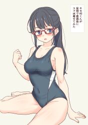 Rule 34 | 1girl, :o, absurdres, barefoot, black hair, blue eyes, blush, breasts, covered navel, daipunch, glasses, hand up, highres, long hair, medium breasts, one-piece swimsuit, original, red-framed eyewear, school swimsuit, simple background, sitting, solo, swimsuit