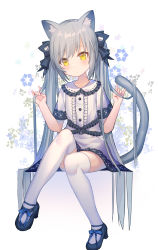 Rule 34 | 1girl, animal ear fluff, animal ears, black bow, black footwear, blue ribbon, blush, bow, cat ears, cat girl, cat tail, center frills, closed mouth, collared dress, commentary request, dress, frilled shirt collar, frills, full body, grey hair, hair bow, hands up, heart, high heels, highres, holding, holding hair, knee up, long hair, looking at viewer, original, ribbon, rk (rktorinegi), shoes, short sleeves, tail, thighhighs, twintails, very long hair, white dress, white thighhighs, yellow eyes