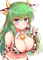 Rule 34 | absurdres, animal ears, animal print, arm behind back, bell, bikini, blue eyes, bra, breasts, cleavage, closed mouth, cow ears, cow horns, cow print, detached collar, ear tag, elbow gloves, fake animal ears, gloves, green hair, hair between eyes, highres, holding, holding bra, holding clothes, holding underwear, horns, kochiya sanae, large breasts, long hair, looking at viewer, navel, simple background, smile, solo, standing, swimsuit, tksand, touhou, underwear, upper body, white background