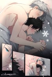 Rule 34 | 2boys, artist name, bed, bed sheet, black hair, blue eyes, comic, commentary, fingernails, gearous, glowing, glowing jewelry, grey hair, heart, highres, hug, hug from behind, indoors, interlocked fingers, jewelry, katsuki yuuri, lying, male focus, multiple boys, ring, shirtless, silent comic, sleeping, snowflakes, sparkle, spooning, symbol-only commentary, translation request, viktor nikiforov, yaoi, yuri!!! on ice