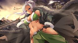 Rule 34 | 1girl, aran (maplestory), axe, belt, black gloves, blue eyes, breasts, chaps, cleavage, earrings, female focus, fingerless gloves, from below, fur trim, gloves, green jacket, green pants, hand on own hip, highres, hip vent, holding, holding axe, holding weapon, hoop earrings, jacket, jewelry, large breasts, long hair, looking at viewer, maplestory, navel, outdoors, pants, parted lips, ponytail, queasy s, sky, smile, solo, standing, tan, twitter username, weapon, white hair