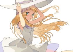 Rule 34 | 1girl, arms up, blonde hair, braid, creatures (company), dress, game freak, green eyes, hands on headwear, hat, highres, lillie (pokemon), long hair, nintendo, one-hour drawing challenge, parted lips, pokemon, pokemon sm, simple background, sleeveless, sleeveless dress, solo, sun hat, syerii, twin braids, white background, white dress, white hat