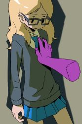 Rule 34 | 1girl, blonde hair, grabbing another&#039;s breast, flat chest, freckles, glasses, grabbing, groping, highres, hotelblue, long hair, looking down, madeline (hotelblue)