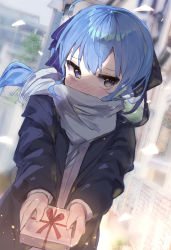 Rule 34 | 1girl, ahoge, black coat, blue eyes, blue hair, blush, box, box of chocolates, coat, commentary request, ememo, giving, hair ribbon, highres, holding, holding box, hololive, hoshimachi suisei, looking at viewer, open clothes, ribbon, solo, valentine, virtual youtuber