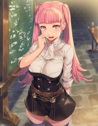Rule 34 | 1girl, belt, belt buckle, black thighhighs, breasts, buckle, chalkboard, commentary request, cup, desk, fire emblem, fire emblem: three houses, garreg mach monastery uniform, hand on own cheek, hand on own face, hand up, highres, hilda valentine goneril, large breasts, long hair, looking at viewer, nintendo, open mouth, pink eyes, pink hair, sajittari, school uniform, solo, thick thighs, thighhighs, thighs, twintails, very long hair, zettai ryouiki