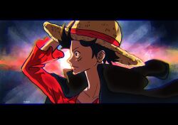 Rule 34 | 1boy, black cape, black hair, cape, collared cape, commentary request, derivative work, floating clothes, floating hair, furol nicoco, hat, highres, letterboxed, long sleeves, looking ahead, male focus, monkey d. luffy, one piece, profile, red shirt, scar, scar on face, screenshot redraw, shirt, signature, solo, straw hat, sun, upper body
