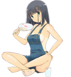 Rule 34 | 1girl, barefoot, black hair, blush, breasts, feet, full body, glass, green eyes, hand fan, hand on lap, head tilt, hot, indian style, looking at viewer, medium breasts, naked overalls, no bra, one-piece tan, overalls, paper fan, saki (manga), sideboob, simple background, sitting, smile, soles, solo, sweat, tan, tanline, toes, touyoko momoko, uchiwa, water, white background