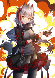 Rule 34 | 1girl, antenna hair, arknights, assault rifle, black gloves, black jacket, black pantyhose, black skirt, breasts, cleavage, cowboy shot, detonator, explosion, fingerless gloves, gloves, grey shirt, gun, highres, holding, horns, jacket, long sleeves, looking at viewer, medium breasts, miniskirt, multicolored hair, nail polish, open clothes, open jacket, orange eyes, pantyhose, red nails, rifle, scarf, shaoxiao, shirt, short hair, silver hair, skirt, smile, solo, standing, streaked hair, w (arknights), weapon, weapon on back