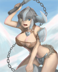 Rule 34 | 1girl, arm up, blue eyes, breasts, cleavage, flail, helmet, large breasts, league of legends, open mouth, sejuani, short hair, snow, solo, straddling, weapon, yulcat (alszmtm)