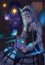 Rule 34 | 1girl, absurdres, amahara subaru, angel, angel wings, animal, black choker, blue butterfly, blue eyes, bug, butterfly, cage, chair, choker, collarbone, cross, cross earrings, cross necklace, dress, earrings, fingernails, flower, frilled dress, frills, green butterfly, grey hair, highres, holding, huge filesize, indoors, insect, jewelry, maid headdress, mini wings, necklace, original, pink butterfly, puffy sleeves, purple butterfly, red flower, red rose, rose, round table, short hair, sitting, sky, star (sky), star (symbol), starry sky, table, very long fingernails, white flower, white rose, window, wings