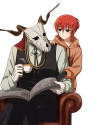 Rule 34 | 1boy, 1girl, absurdres, animal head, animal skull, armchair, black hands, black pants, black vest, blush, chair, closed mouth, colored extremities, crossed legs, cup, delfuze, elias ainsworth, eye contact, green eyes, hatori chise, highres, holding, holding cup, holding newspaper, hood, hoodie, horns, jewelry, looking at another, mahou tsukai no yome, newspaper, orange hoodie, pants, ponytail, red hair, ring, simple background, sitting, skull head, smile, vest, wedding ring, white background