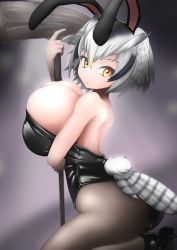 Rule 34 | absurdres, animal ears, arched back, arm under breasts, ass, back, bare arms, bare back, bare shoulders, black leotard, breasts, bursting breasts, cleavage, closed mouth, expressionless, fake animal ears, from side, grey hair, hair between eyes, hammer, high heels, highres, holding, holding hammer, huge breasts, kemono friends, leotard, looking at viewer, northern white-faced owl (kemono friends), orange eyes, pantyhose, playboy bunny, rabbit ears, short hair, sitting, tail, tanio (tanio 0114), thighs, turning head
