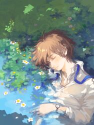 Rule 34 | 1boy, ah roro, bad drawr id, bad id, blue ribbon, brown hair, buttons, closed eyes, collared shirt, daisy, flower, grass, male focus, original, parted lips, partially submerged, refraction, ribbon, shirt, short hair, solo, upper body, watch, water, wetland, white flower, white shirt, wristwatch
