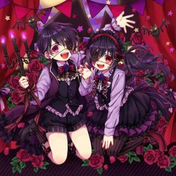 Rule 34 | 1boy, 1girl, bat (animal), black hair, bug, butterfly, candle, candlelight, candlestand, dress, eyepatch, flower, goth fashion, gothic lolita, highres, insect, kodona, lolita fashion, long hair, long sleeves, looking at viewer, nail polish, one eye covered, original, purple butterfly, purple eyes, red eyes, red flower, rii (pixiv11152329), rose, short hair, shorts, siblings, twins, wavy hair