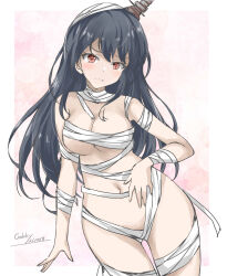 Rule 34 | 1girl, alternate costume, artist name, bandages, black hair, breasts, cleavage, cowboy shot, dated, fusou (kancolle), gakky, headgear, highres, kantai collection, large breasts, long hair, mummy costume, navel, one-hour drawing challenge, red eyes, solo