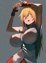 Rule 34 | 1girl, absurdres, arms up, blonde hair, breasts, cleavage, covered erect nipples, fingerless gloves, gloves, green eyes, highres, ikkitousen, large breasts, long hair, see-through, shin deadball iwata, short sleeves, skirt, solo, sonsaku hakufu, uniform, wet