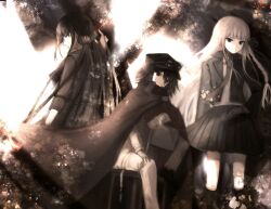 Rule 34 | 1boy, 2girls, 5 106y, black footwear, black gloves, black hair, black headwear, black jacket, black ribbon, black skirt, braid, brown cape, brown hair, cape, chair, checkered clothes, checkered scarf, closed mouth, collared shirt, danganronpa: trigger happy havoc, danganronpa (series), danganronpa v3: killing harmony, feet out of frame, gloves, grey jacket, grey pants, hair ornament, hair ribbon, hair scrunchie, harukawa maki, highres, jacket, kirigiri kyoko, long hair, long sleeves, looking at viewer, low twintails, miniskirt, multiple girls, open clothes, open jacket, oma kokichi, pants, pleated skirt, profile, red scrunchie, red shirt, ribbon, scarf, scrunchie, shirt, side braid, skirt, twintails