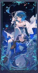 Rule 34 | absurdres, bad id, bad twitter id, blue background, blue hair, blue theme, border, cape, framed, highres, holding, holding sword, holding weapon, justice (tarot), looking at viewer, maccha (mochancc), mahou shoujo madoka magica, mahou shoujo madoka magica (anime), miki sayaka, open mouth, short hair, sitting, sword, tarot, tarot (medium), thighhighs, weapon, white cape, white thighhighs